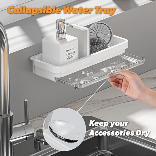 Image of Kitchen Sink Organiser Rack, ABS Material, Wall Mounted Storage Shelf with Towel Hanging Rack, Multiple Use for Bathroom Kitchen Sink, Cleaning Supplies Organizer [ND-13314]