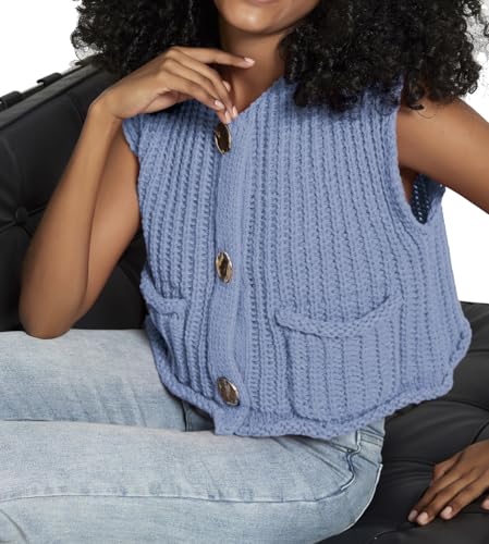 Image of Women's Sleeveless Crochet Cardigan Vest Casual Fashion Button Down Open Front Sweater Vest with Pockets