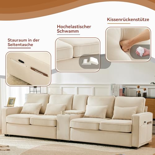 SOFTWEARY Big-Sofa mit Zwischentisch, Getränkehaltern und USB-Anschlüssen, inkl. Loser Zier- und Rückenkissen, Leinen Bezug (beige mit Zwischentisch)