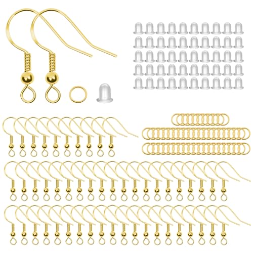 Fyfjur 300 Pièces S925 Crochet Boucles DOreilles, Crochets de Fil DOreilles Hypoallergénique avec Bouchon et Canette, Fabrication de Bijoux (Or)