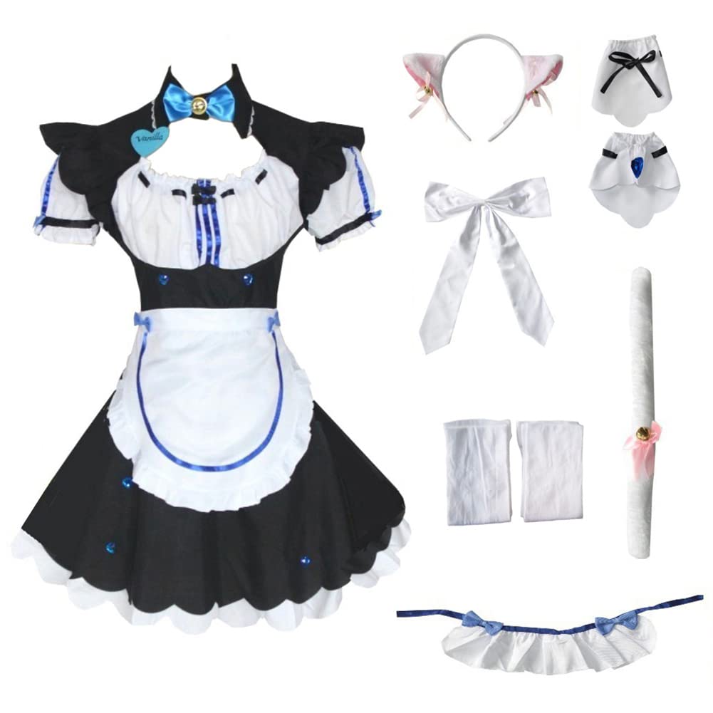 Githakin Chocola Vanilla Nekopara Cosplay Women Maid Lolita Dress with Apron Cat Ears Tail Bow Anime Party Dresses - X-Large Blue