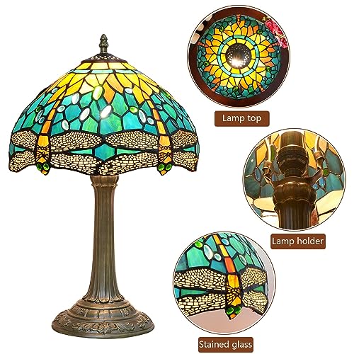 Image of Tiffany Lamp Green Dragonfly Style Stained Glass Lamps Teal Bedroom Bedside Table Lamp for Dorm Office Art Craft Antique Decor Accent Aesthetic Nightstand Retro Metal Reading Lamps 12 inch