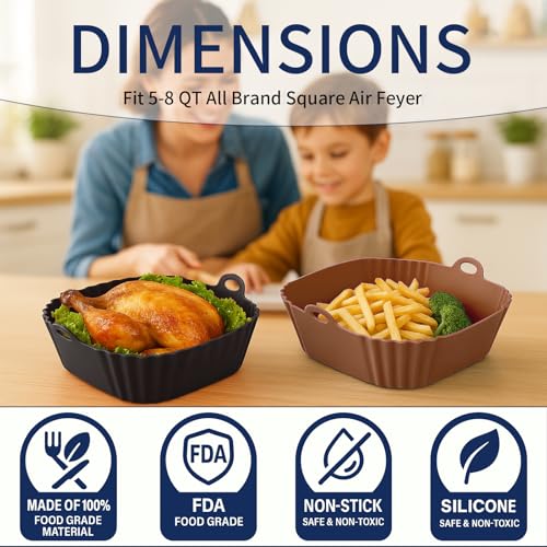 9 Inch Large Air Fryer Silicone Liners - 2 PCS Square Reusable AirFryer Basket Liners for 5-8QT Air fryer, Air fryer Accessories for Baking Roasting Microwave (Black + Brown)