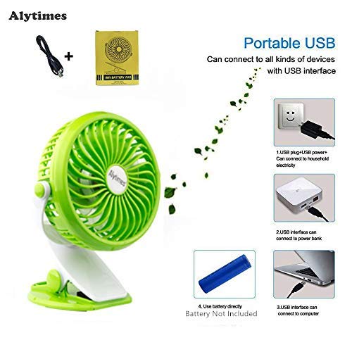 Alytimes Clip On Mini USB Fan Office Desk Baby Car Use Noiseless USB Powered Portable Fan with 360 degree Rotation (Green)