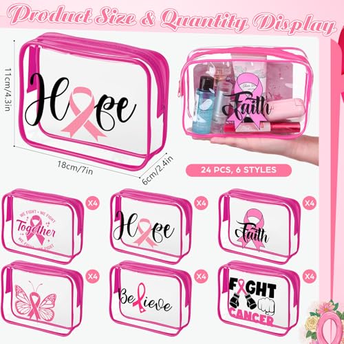 Frienda 24 Pcs Breast Cancer Awareness Makeup Bags Pink Ribbon Cosmetic Bags PVC Clear Breast Cancer Survivor Gifts Bulk Hope Faith Believe for Women Girls Charity Public and Social Event Supplies3