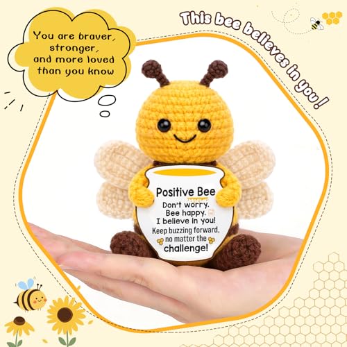 Image of Mini Inspirational Birthday Gifts for Women Positive Handmade Crochet Bee | Teacher Appreciation Back to School Fall Gift for Daughter Sister Friend Teacher Coworker Mental Health Self Care Support