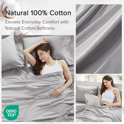 Comfort Spaces 100% Cotton Sheet Set Breathable, Lightweight, Soft with 14" Elastic Pocket Fits up to 16" Mattress, All Season Cozy Bedding, Matching Pillow Case, King Grey 4 Piece