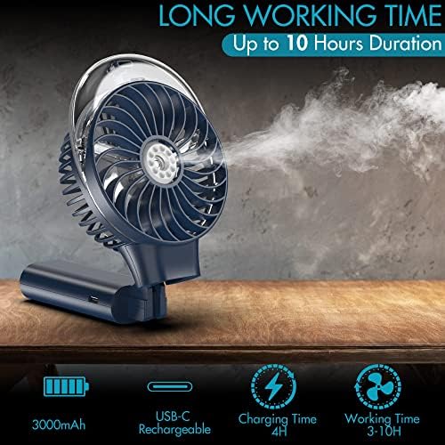 COMLIFE Handheld Spray Fan, 3000mAh Rechargeable Battery Operated Desk Fan 180° Foldable 50ml Misting Fan 3 Speeds Portable Personal USB Cooling Fan with Cooling Humidifier for Desktop Camping Outdoor
