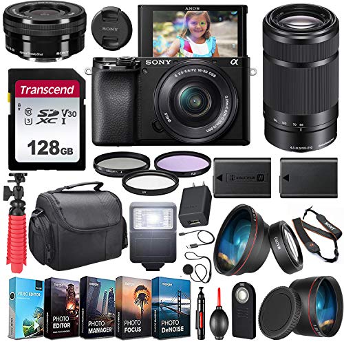 Sony Alpha a6100 Mirrorless Camera UHD 4K 2 Lens Kit (ILCE6100Y/B) with 16-50mm & 55-210mm Lens + Extra Battery + Flash + Wide Angle & Telephoto Lens + Filters + 128GB U3 V30 Memory Accessory Bundle