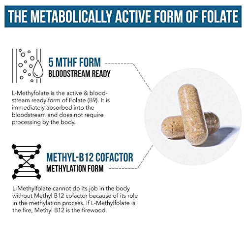 L Methyl Folate 15Mg Plus Methyl B12 Cofactor - Professional Strength, Active 5-Mthf Form - Supports Mood, Homocysteine Methylation, Cognition – Bioactive Forms Of Vitamin B9 & B12 (60 Count Capsules) #TOP2