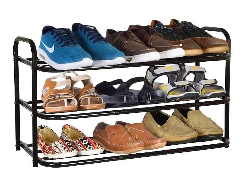 Image of 3 Tier Metal Shoe Rack Organizer Heavy Duty Stackable Shoe Storage Shelf Multipurpose Stand for Entryway Bedroom Closet Utility Space Saving Shoe Stand with Black Finish (Shoe Rack 3-03)