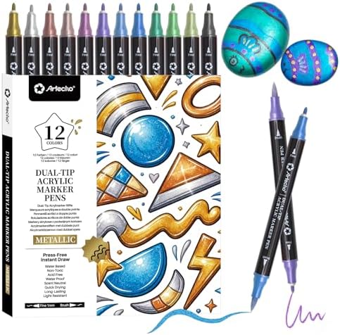 Artecho Acrylstifte 12 Metallic Farben, 0.5-5mm Wasserfester Dual Tip Marker (Pinsel und feine Spitze), mit doppelten Enden für Rock Painting, Glas, Papier, Holz, Ei，Leinwand