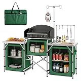 Outsunny Mueble Cocina Camping Armario Camping Plegable con Mesas Armarios Ganchos Estructura de Aluminio Poste de Luz Ajustable Paravientos y Bolsa de Transporte para Acampada 172x48x130 cm Verde