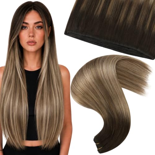Moresoo Real Human Hair Weft Extensions, Balayage Brown with Blonde