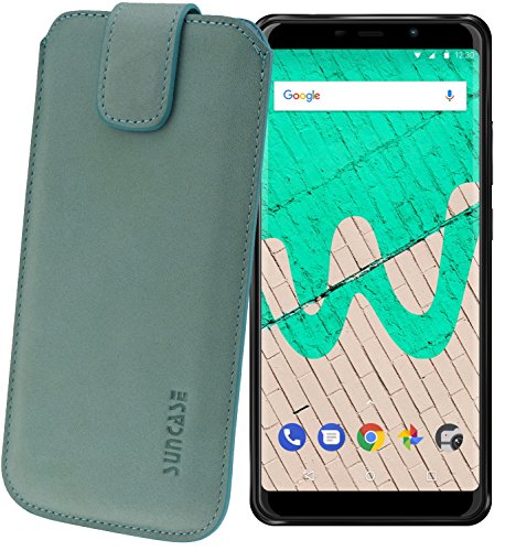 Suncase Étui en cuir véritable pour Wiko View Go avec languette d'extraction et fermeture...