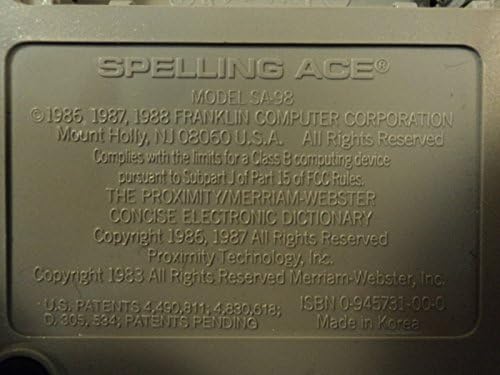 Close-up of the back label of the Franklin Spelling Ace SA-98 V1, showing model number, copyright, and manufacturing details.