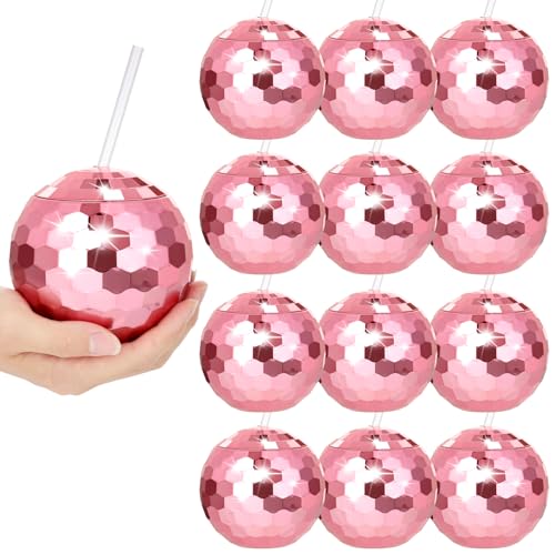tchrules 12PCS Pink Disco Ball Cups, Reusable Tumbler Disco Flash Bachelorette Party Cup Decorations Glitter Cocktail Ball Cups Spherical with Lid and Straw for Nightclub Bar Party Decor Supplies