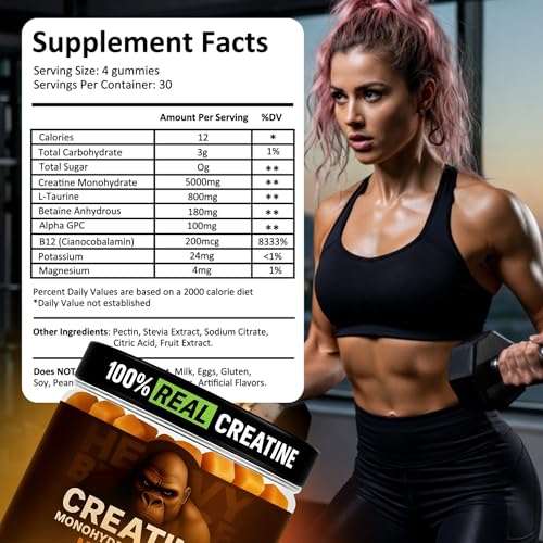 Image of Creatine Monohydrate Gummies 5g Sugar Free Creatine with Vitamin B12 and L-Taurine | Muscle Growth for Men and Women | Low Calorie Formula 120 Gummies for 30 Servings, Mango