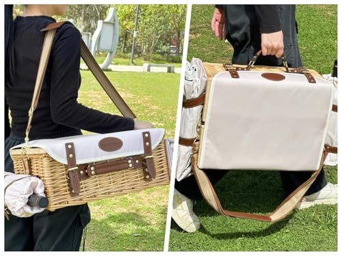 Image of Multifunctional Wicker Picnic Basket Set for 2 Adults with Picnic Table and Blankets,Large Insulated Picnic Set with Wine Pouch and Full Tablewares for Camping Outdoor Couples Natural Beach Wedding