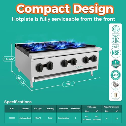Image of 36-Inch 6-Burner 150000 Total BTU Hot Plate, Commercial Gas Stove - Dual Fuel Propane & Natural Gas - Heavy Duty Stainless Steel Range