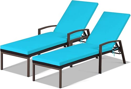 COSTWAY 2PCS Patio Rattan Lounge Chair Chaise Recliner Back Adjustable Cushion Turquoise