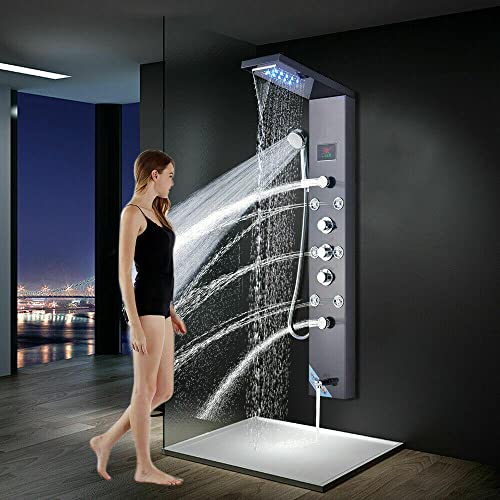 Columna de Ducha de Acero Inoxidable con Panel LED, Sistema de Masaje y Lluvia, Negro, Modelo 8009 miniatura 1
