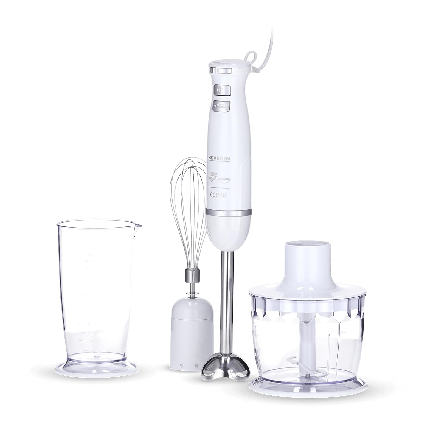 SEVERIN Ensemble mixeur plongeant 600 W, Mixeur multifonction avec anneau de suspension et de nombreux accessoires, Mixeur-plongeur, batteur, mélangeur et hachoir, blanc, SM 3798