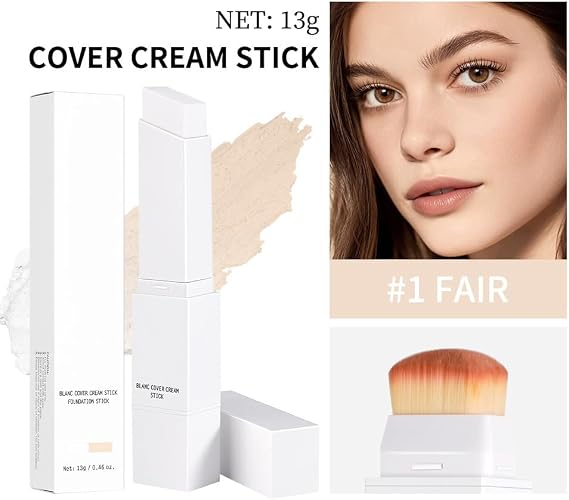 Blanc Cover Cream Stick Foundation In Light Beige (#1 Fair) - Creamy Smooth Texture With Built-In Brush, Adapts To Skin Tone For Mature Skin, Medium To Full Long Lasting Coverage, Natural Finish,