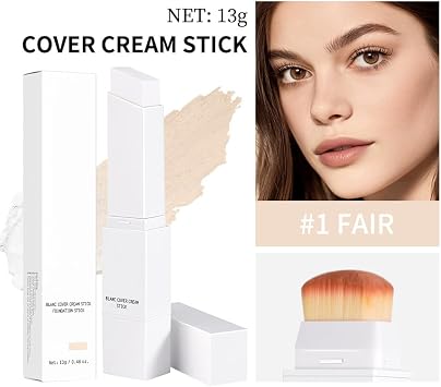 Blanc Cover Cream Stick Foundation In Light Beige (#1 Fair) - Creamy Smooth Texture With Built-In Brush, Adapts To Skin Tone For Mature Skin, Medium To Full Long Lasting Coverage, Natural Finish,