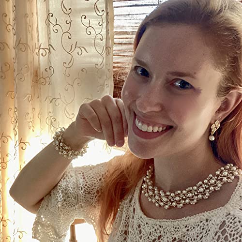 EVER FAITH Austrian Crystal Bridal Cream Simulated Pearl Leaf Luxury Necklace Earrings Bracelet Set4