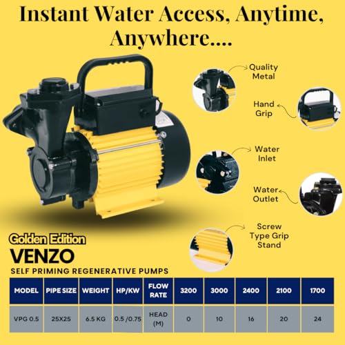 Image of VENZO 0.5 HP Self Priming Regenerative Water Pump | Golden Series | 100% Pure Copper Winding | High-Efficiency Monoblock Motor for Home, Garden, Overhead Tank | 1-Year Manufacturer Warranty