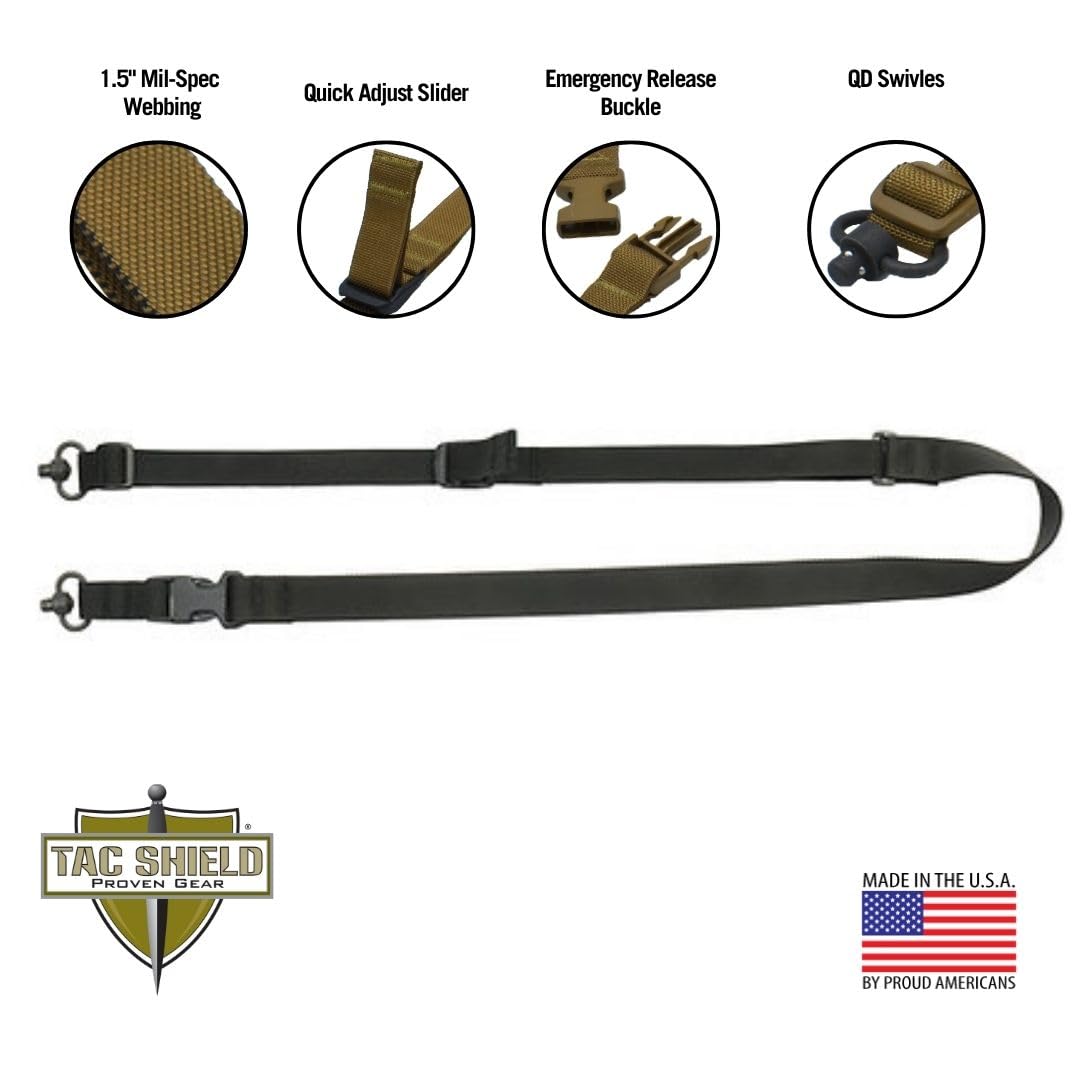 Tac Shield Tactical 2 Point QD Sling w/Fast Adjust, Black, 1 1/4