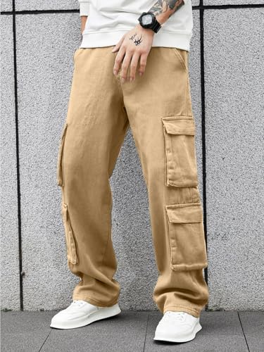 Image of Men's 8 Pocket Cargo Pants | Premium Cotton Twill Baggy Fit Trousers | Stretchable Casual Streetwear Cargos | Mid Rise
