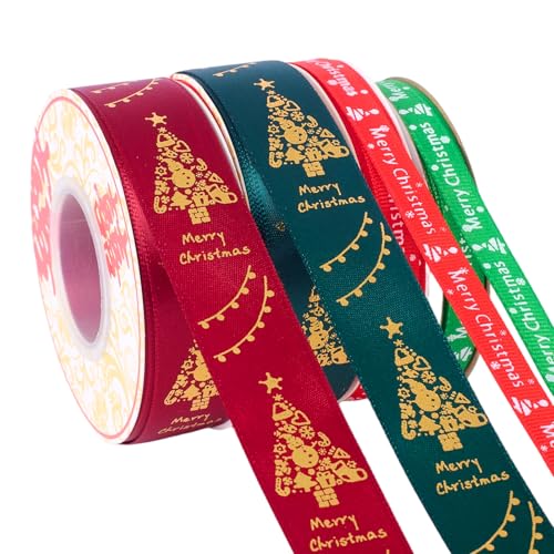 Schleifenband Weihnachten, 4 Rollen 25 Yards Weihnachtsbänder, (25mm & 10mm Breit) Geschenkband Weihnachten, Rot/Grün Satinband Weihnachten für Geschenk Weihnachtsbaum Weihnachtsdekor