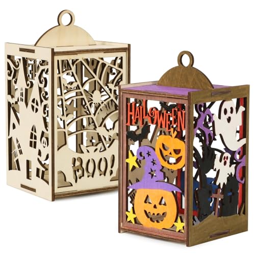 BOFUNX Kit de Manualidades 2pcs Linternas de Halloween Farolillos de Madera Lámparas Actividades Creativas de Arte de Bricolaje Decoración para Niños para Fiestas Halloween