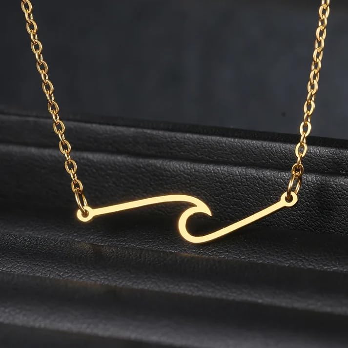 LUSSO 14k Yellow Gold Bohemian Wave Necklace For Women, Silver Cute Surfing Wave Necklace - Minimalist Ocean Wave Necklace, Vintage Wave Pendant Necklace For Summer Holiday Party Birthday Gifts - Image 2