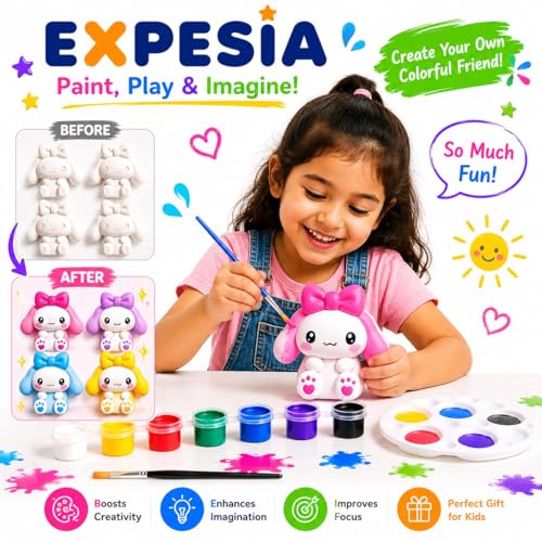 Image of EXPESIA DIY Paint Your Own Cute Character Figurines Kit for Kids, 4 Plaster Figurines with 6 Paint Colours & Brush, Creative Art & Craft Activity Set, Ages 4+ (Cartoon)