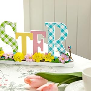 Glitzhome Plaid Wooden Easter Table Sign Decor with Flowers and Rattan 16 L Multi Color