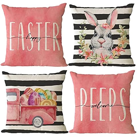 YeeJu Easter Throw Pillow Covers 20x20 Set of 4 Spring Pillow Covers Pink Easter Cross Bunny Eggs Hunt Truck Cushion Covers Pillow Cases for Home Outdoor Sofa Couch Decoration（20 inch） Cover