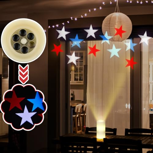 Image of 4th of July Flameless Candles Patriotic Projector Lights Red White Blue LED Candle Star Battery Operated Night Light with Remote Timer 250th Anniversary Independence Day Party Indoor Bedroom Decor