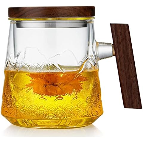 DOPUDO Glass Tea Cup with Infuser and Lid, 570ml/19oz Large 3-Piece Glass Tea Mug with Embossing Landscape Pattern, Big Tea Cup with Wood Handle for Loose Leaf Tea Cover