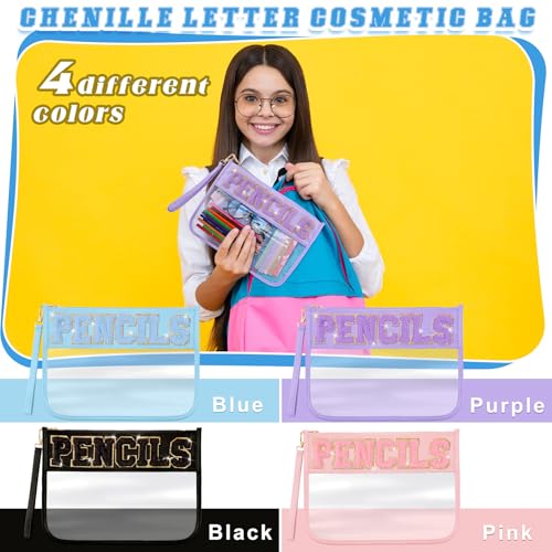 Image of Dansydaisy 4 Pcs Preppy Pencil Case Clear PVC Pouch Chenille Letter Patch Big Capacity Pencil Bag Aesthetic Storage Bag with Zipper for School Women Girl Office Travel Supplies