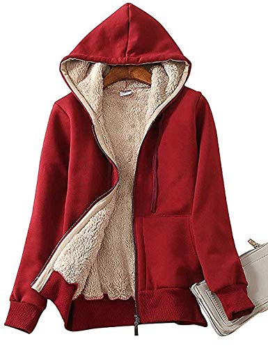 Spring and Winter Loose Plush Multicolor Hooded Jacket Women. Women Fuzzy Casual Oversized Sweatshirt Hoodies with Pockets.Women s Casual Winter Warm Sherpa Lined Zip Up Hooded Sweatshirt-Small_Red