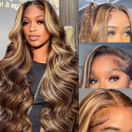 KLKL 30 Inch Ombre Lace Front Wig Human Hair Body Wave Highlight Lace Front Wigs Human Hair Pre Plucked with Baby Hair 13x4 HD 180% Density 4/27 Colored Honey Blonde Lace Front Wig Human Hair