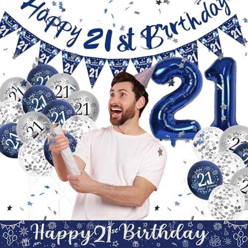 VICTERR 21st Birthday Decorations Men, Blue and Silver Happy 21st Birthday Banner, Balloons, Confetti, Cake Topper, Ribbons - Image 5