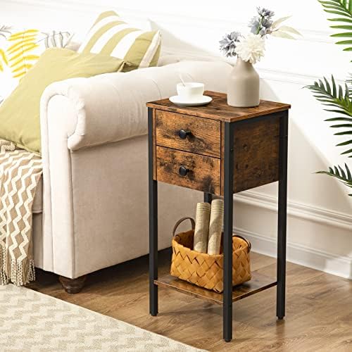 HOOBRO Tall Bedside Table, Slim Side Table with 2 Drawers, Industrial Telephone Table, Small Hallway Table for Small Spaces, Living Room, 38 x 29 x 70 cm, Rustic Brown and Black EBF72BZ01