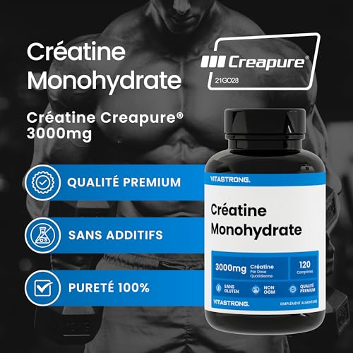 Creatine Monohydrate Creapure Vitastrong, Pure Creatine 3000mg/Dose, Pre Workout, Intra Workout et Post Workout, 120 Comprimés de Créatine, Alternative aux Creatine Gelules et à la Creatine Poudre – Image 3