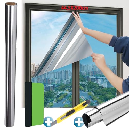 Pellicola Oscurante per Vetri Pellicola Specchio Oscurante Finestre Autoadesiva Pellicola Privacy Finestre Riflettente Termica per Vetri Finestre Anti-UV Argento per Ufficio Casa (44,5 x 200 cm)