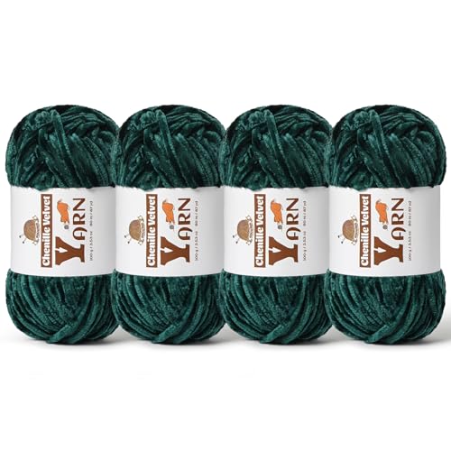 Image of 4 Pack Plush Chenille Chunky Yarn - Fluffy Velvet Yarn Crochet for Blanket Knitting and Crocheting - Soft Baby Yarns for Crocheting - Amigurumi Crochet Yarns 100g (87yds) (4 Army Green)