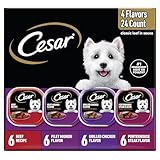 Cesar Wet Dog Food Classic Loaf in Sauce, Breakfast and Dinner with Grilled Steak & Eggs Flavor, and Chicken & Liver Flavor, 3.5 oz. Easy Peel Trays, Variety Pack 24 Count (Pack of 1)